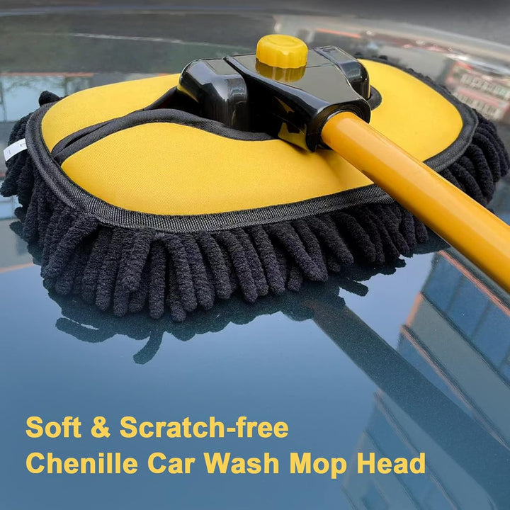 57" Car Wash Brush with Long Handle, 15° Curved Extendable Car Wash Brush with Replaceable Microfiber Mop Head, Portable Car Washing Brush Kit with Storage Bag for RV Truck Camper Cleaning