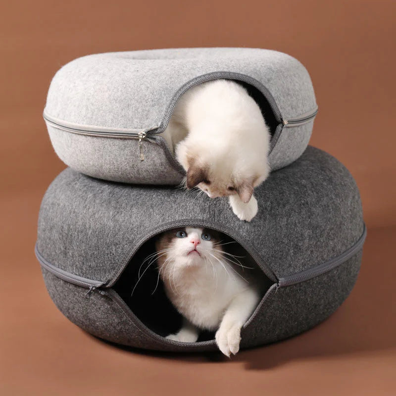 Donut Cat Bed & Tunnel Toy – Dual-Use Indoor Cat House for Play, Training & Rest