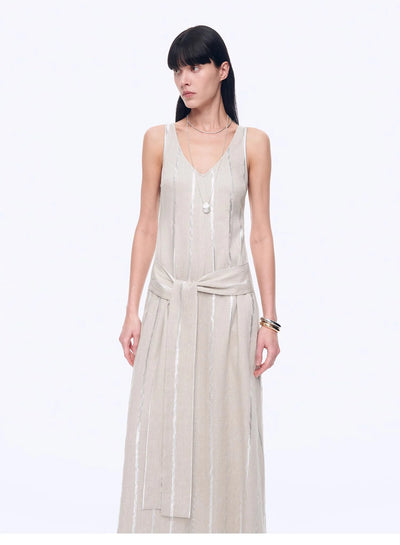 Silver Striped Linen V-Neck Drape Dress