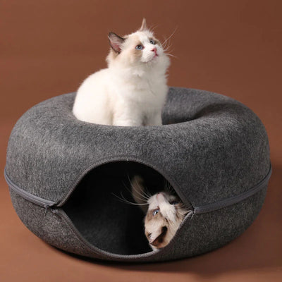 Donut Cat Bed & Tunnel Toy – Dual-Use Indoor Cat House for Play, Training & Rest