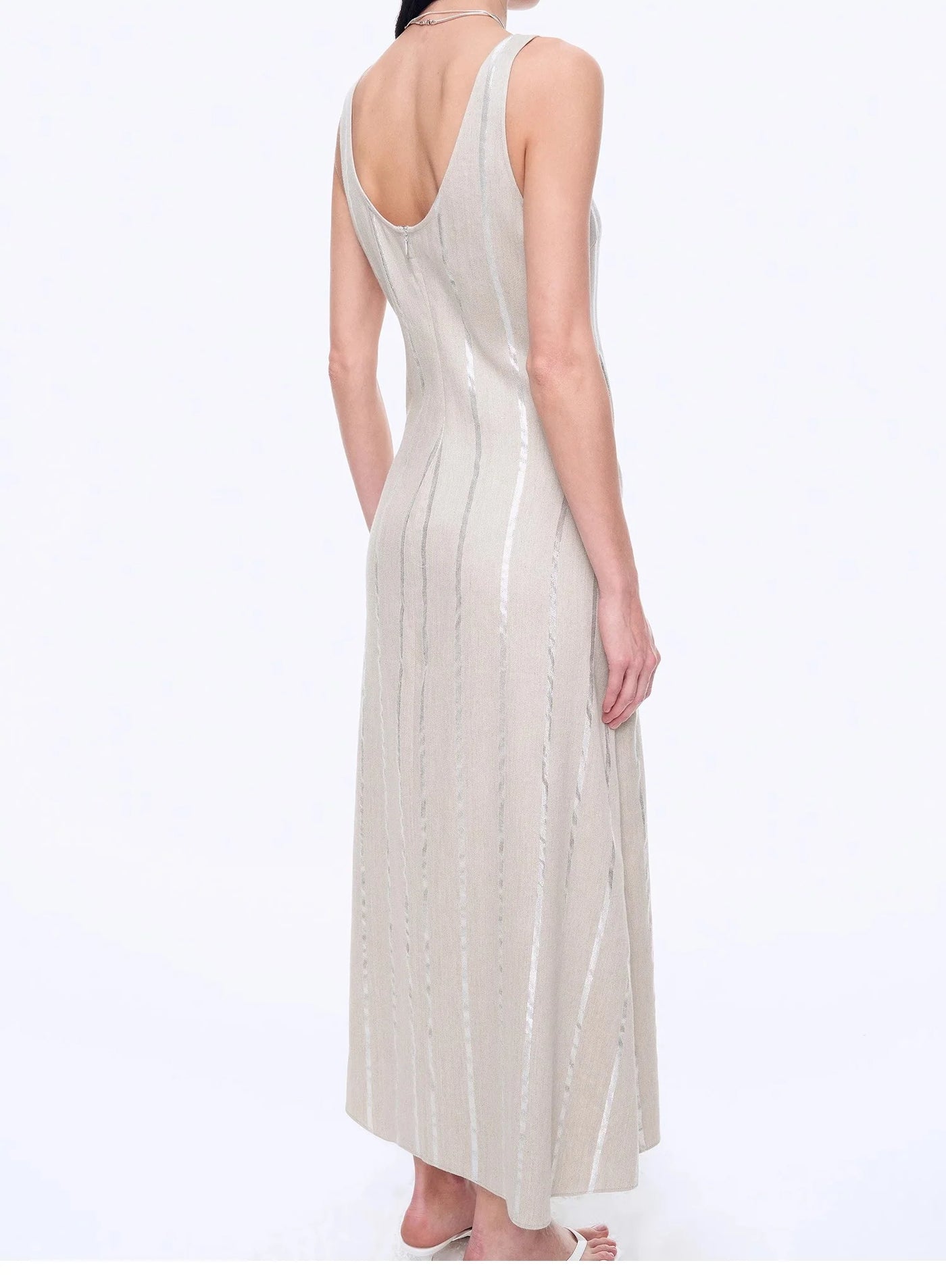 Silver Striped Linen V-Neck Drape Dress