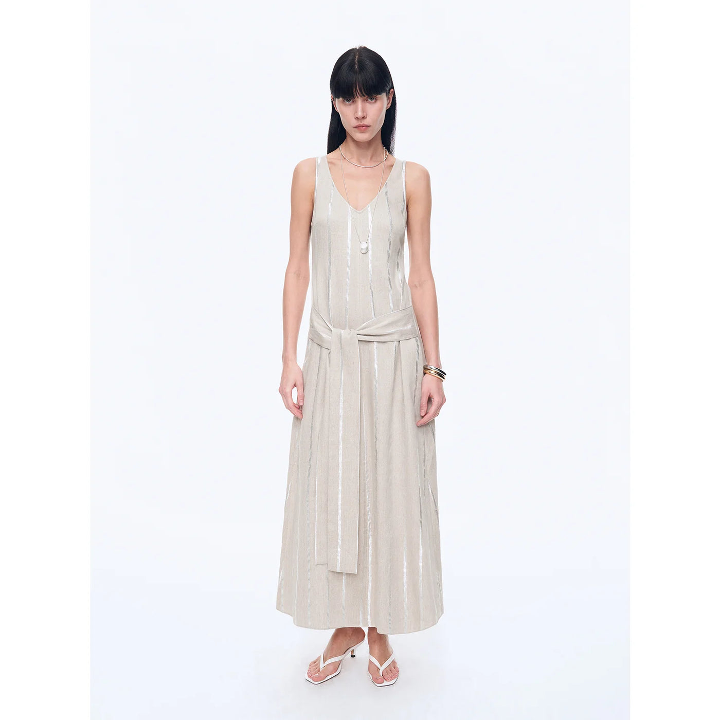 Silver Striped Linen V-Neck Drape Dress