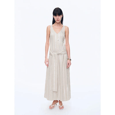 Silver Striped Linen V-Neck Drape Dress