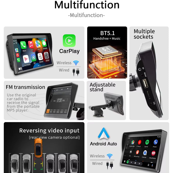 Universal 7" HD Portable Car MP5 Wireless Android Auto/Carplay BT Mirrorlink Car Player Remote Control Cat Stereo