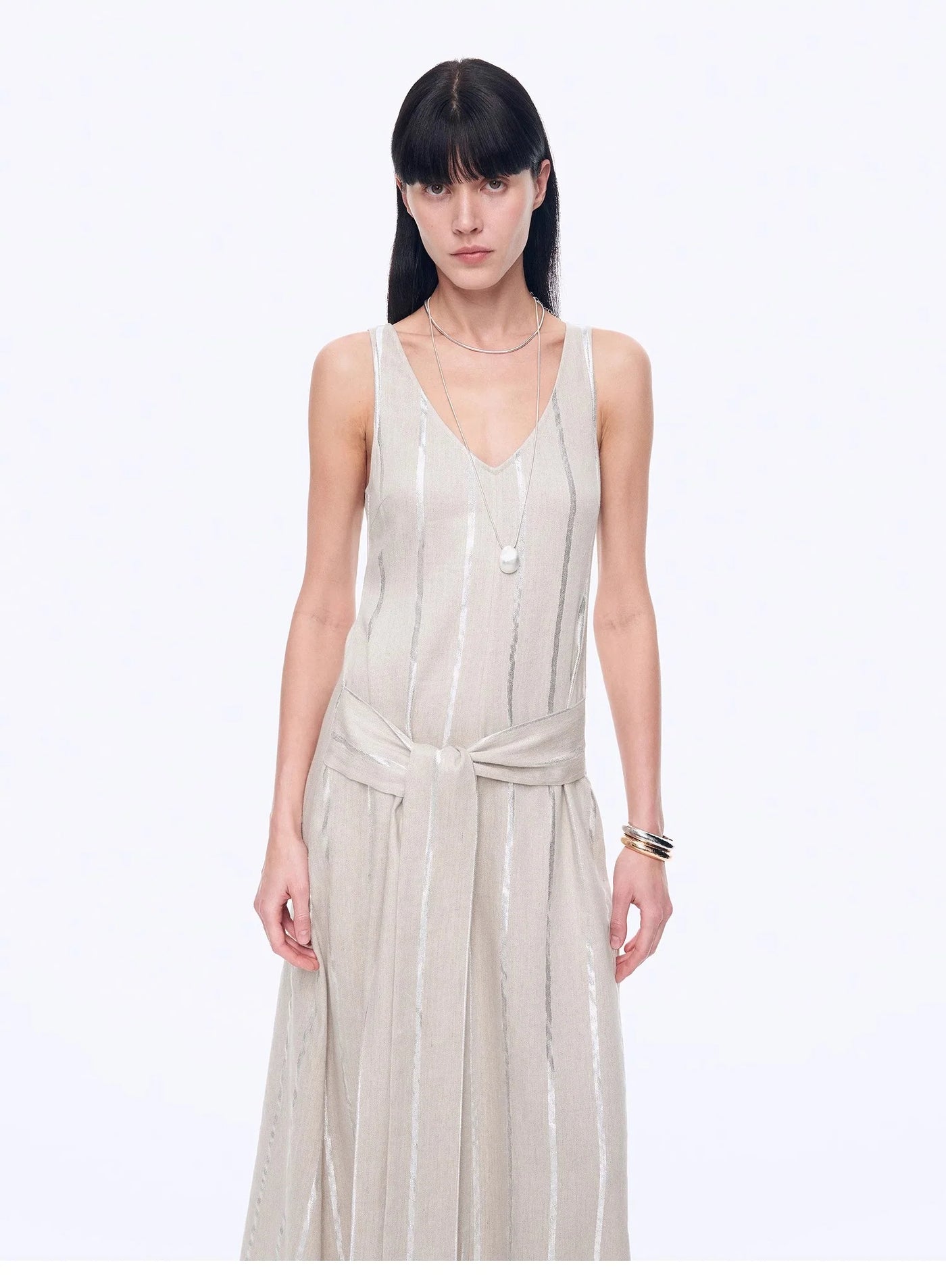 Silver Striped Linen V-Neck Drape Dress