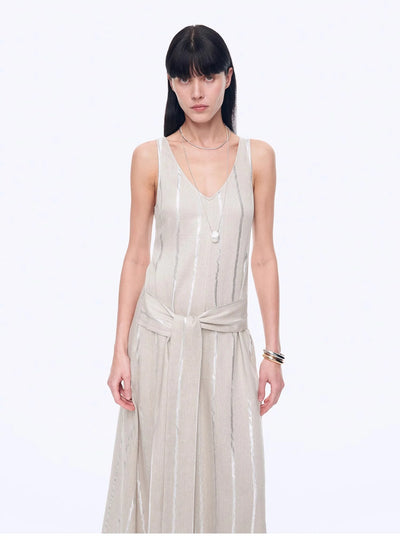 Silver Striped Linen V-Neck Drape Dress