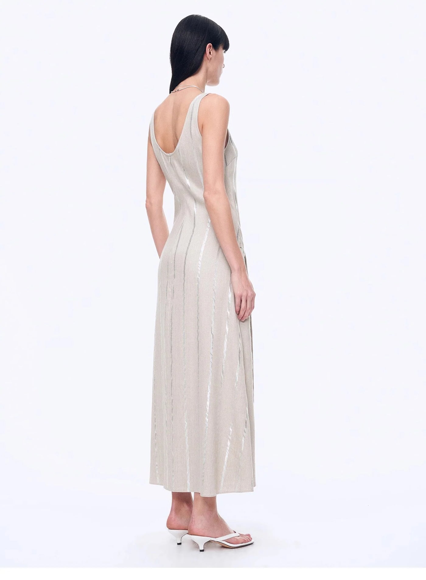 Silver Striped Linen V-Neck Drape Dress