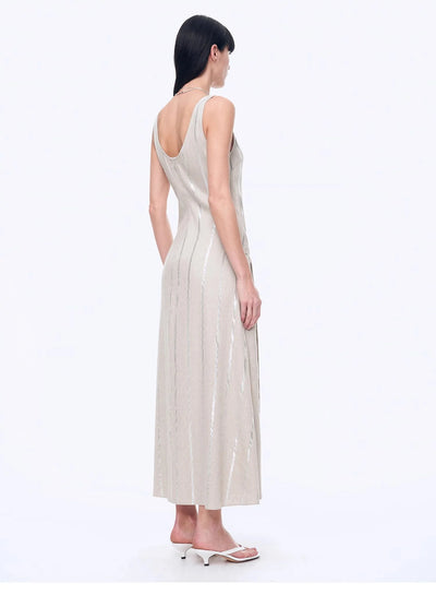 Silver Striped Linen V-Neck Drape Dress
