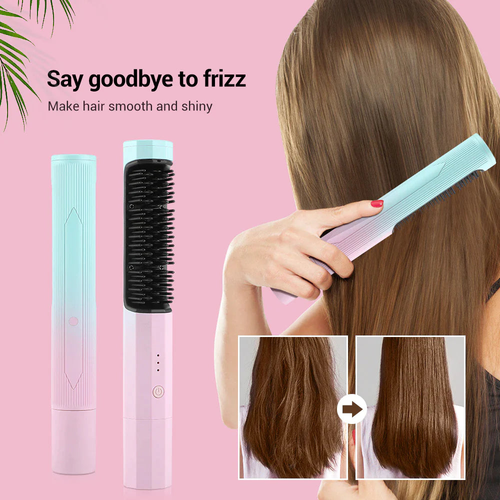 GlowBrush Pro – Wireless Hair Straightener & Curler Brush | USB Rechargeable 2-in-1 Heating Comb & Flat Iron