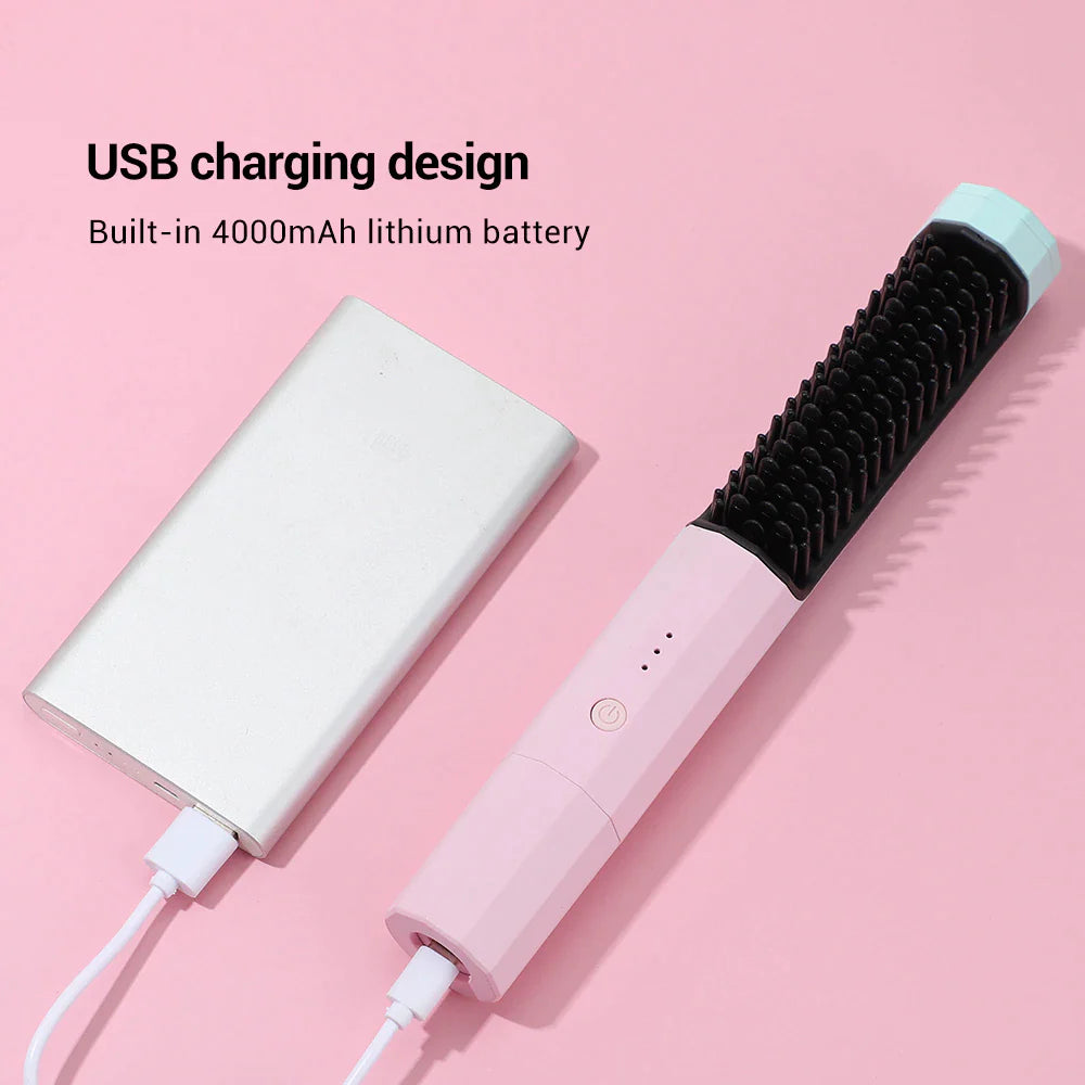 GlowBrush Pro – Wireless Hair Straightener & Curler Brush | USB Rechargeable 2-in-1 Heating Comb & Flat Iron