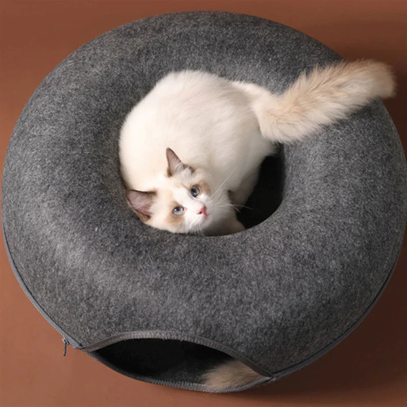 Donut Cat Bed & Tunnel Toy – Dual-Use Indoor Cat House for Play, Training & Rest