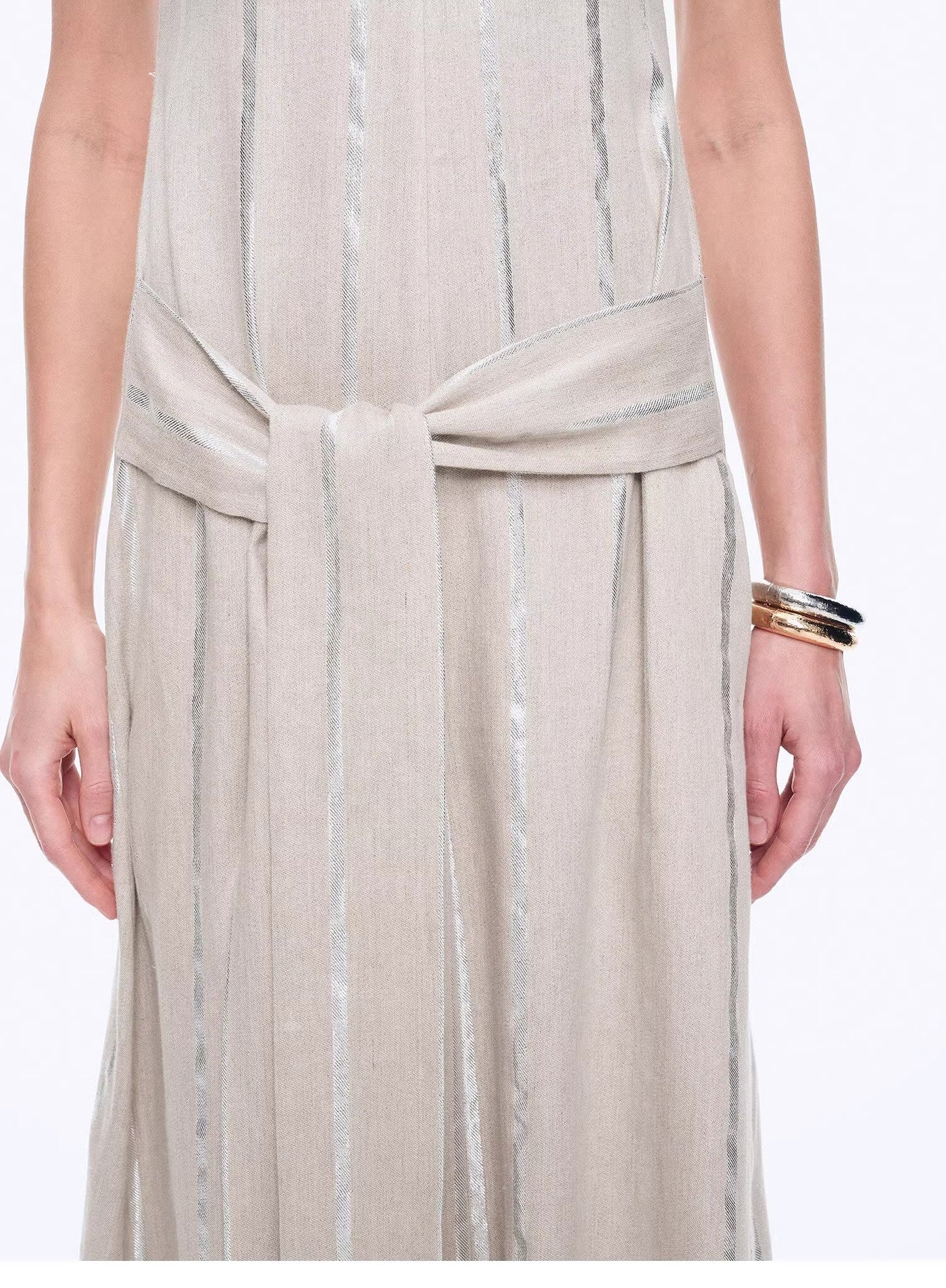 Silver Striped Linen V-Neck Drape Dress