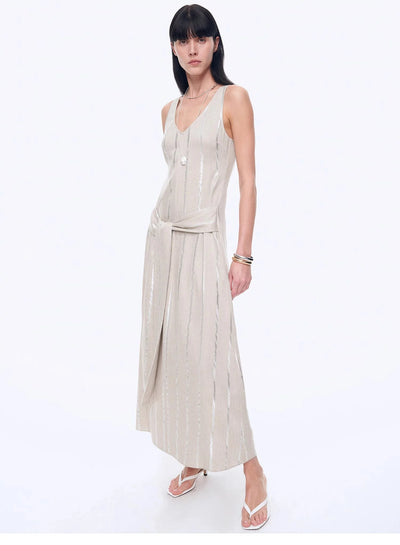 Silver Striped Linen V-Neck Drape Dress