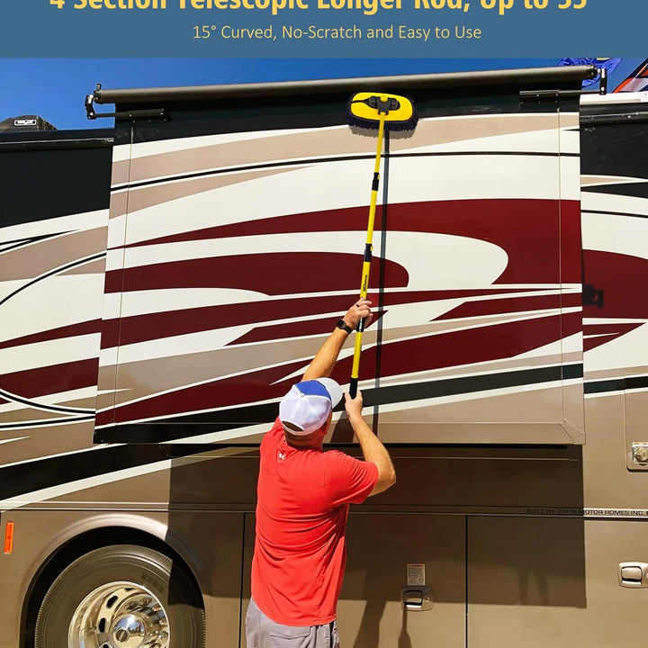 57" Car Wash Brush with Long Handle, 15° Curved Extendable Car Wash Brush with Replaceable Microfiber Mop Head, Portable Car Washing Brush Kit with Storage Bag for RV Truck Camper Cleaning