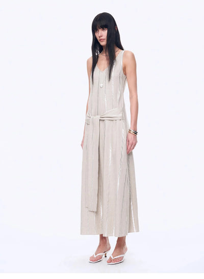 Silver Striped Linen V-Neck Drape Dress