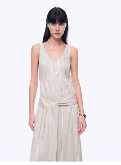 Silver Striped Linen V-Neck Drape Dress