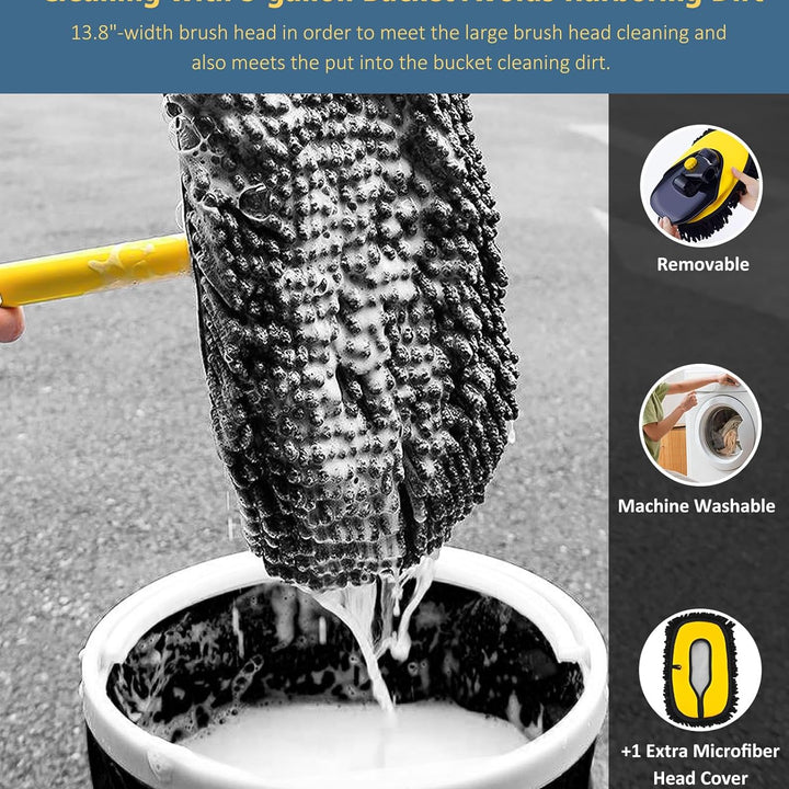 57" Car Wash Brush with Long Handle, 15° Curved Extendable Car Wash Brush with Replaceable Microfiber Mop Head, Portable Car Washing Brush Kit with Storage Bag for RV Truck Camper Cleaning