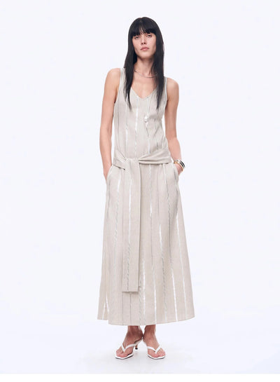 Silver Striped Linen V-Neck Drape Dress